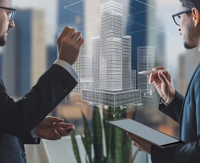 Professionals reviewing a 3D building model on a tablet